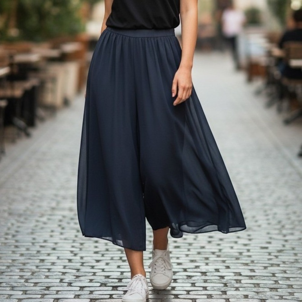 Adrianna Papell Wide Leg Pants Womens 10 Black Palazzo Chiffon Evening Formal